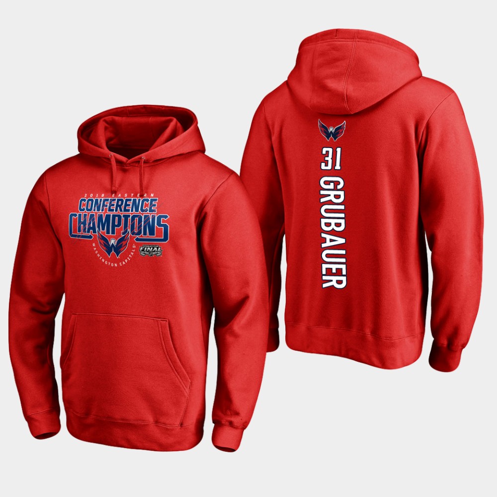NHL Men Washington capitals #31 philipp grubauer 2018 eastern conference champions interference red hoodie